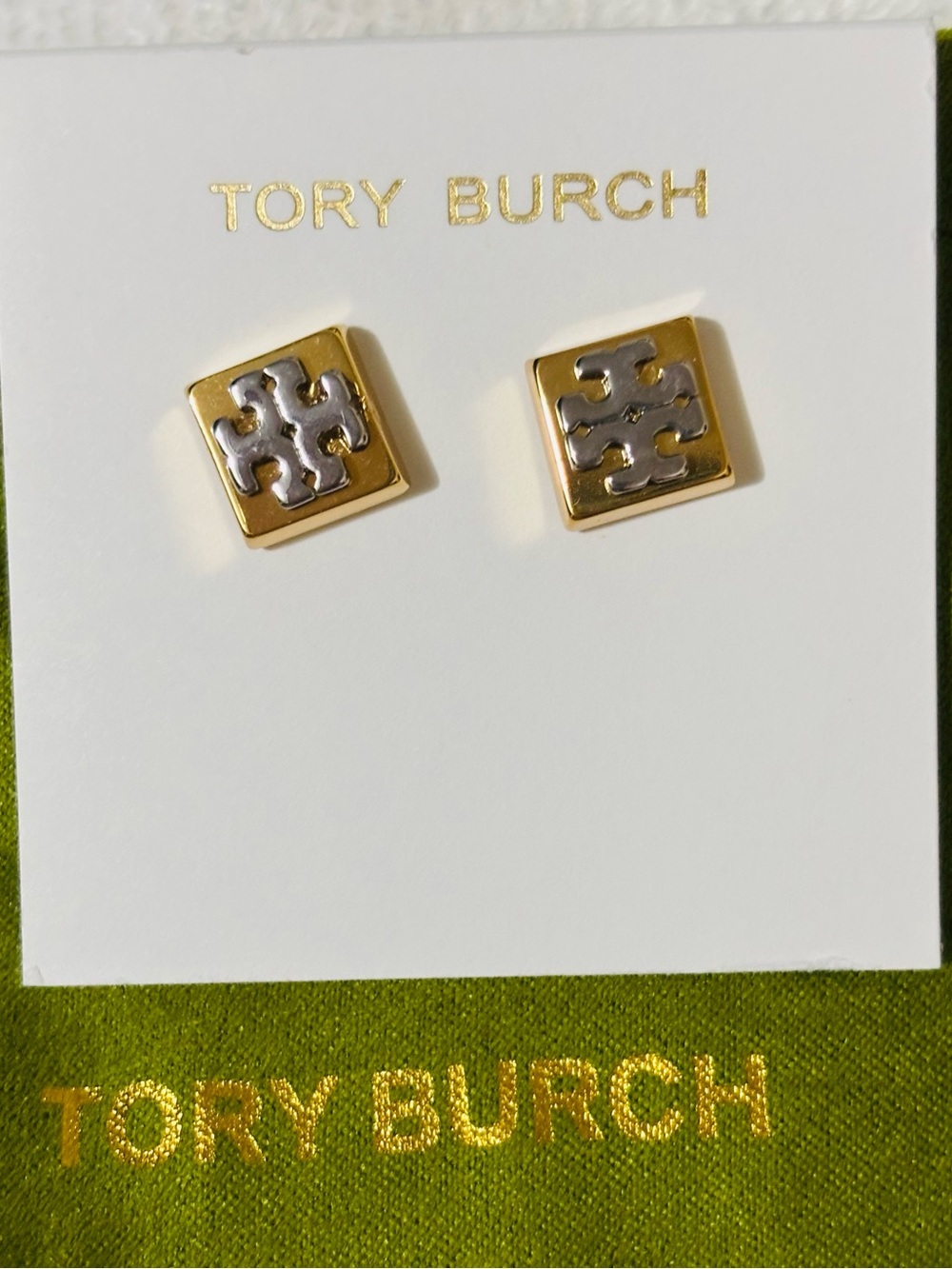 NWT Tory Burch Gold & Silver Toned T Logo Square Stud Earrings
